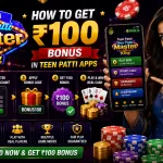 How to Get ₹100 Bonus in Teen Patti Apps by the Teen Patti Master King, a woman holding a smartphone, ₹100 bonus offer, and casino-themed graphics.