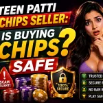 Teen Patti Master: Teen Patti Chips Seller – Is Buying Chips Safe? thumbnail featuring the official Teen Patti Master King logo, chip purchase graphics, security shield, concerned presenter, and tpmk.in branding.