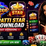 Teen Patti Star APK Download (Latest Version) by the Teen Patti Master King, a woman holding a smartphone displaying Teen Patti Star, playing cards, and casino-themed graphics.